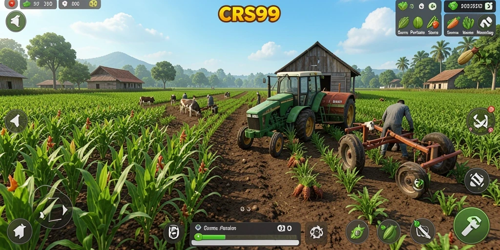 Screenshot utama CRS99 menampilkan visual pertanian yang indah dan gameplay yang dinamis.