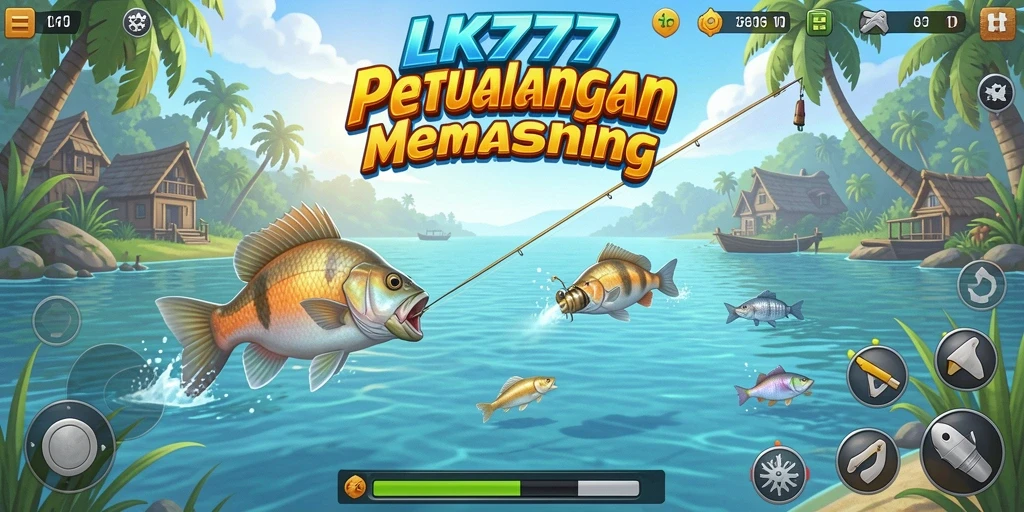 Screenshot gameplay LK777 menampilkan karakter memancing di lautan yang indah.